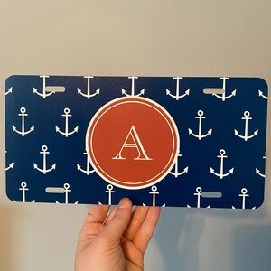 Letter A Monogram Car Front Plate Navy and Coral Anchors